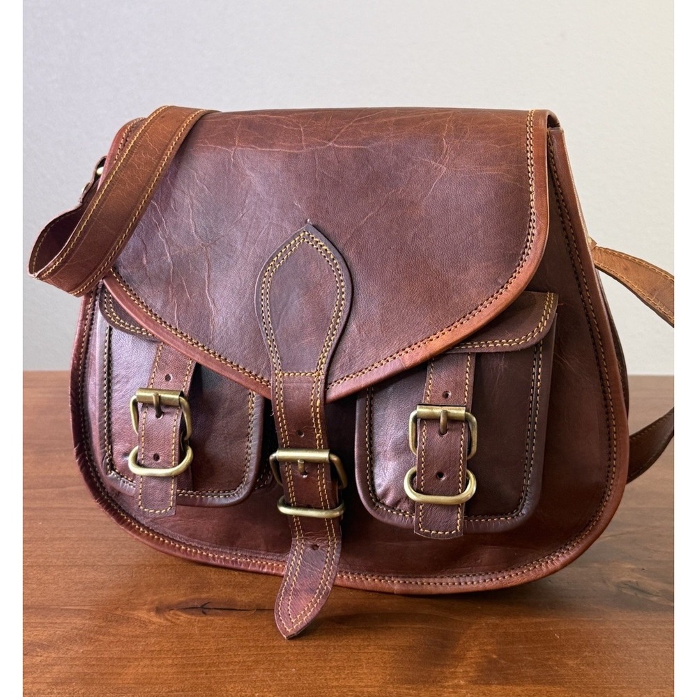 Vintage Brown Cowhide Leather Messenger Crossbody Saddle Bag Purse
